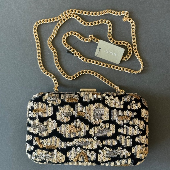 J. CREW Clutch Minaudiere Leopard Sequins Beads Detachable Chain Gold - Picture 2 of 13
